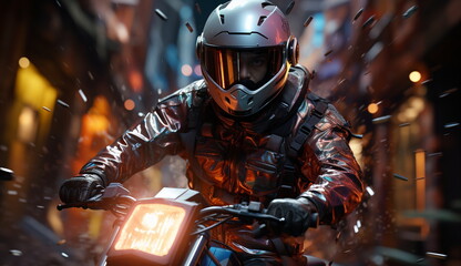 A thrilling perspective of a motorcyclist racing at high speed, capturing the adrenaline-fueled excitement of the ride. Based on Generative Ai.