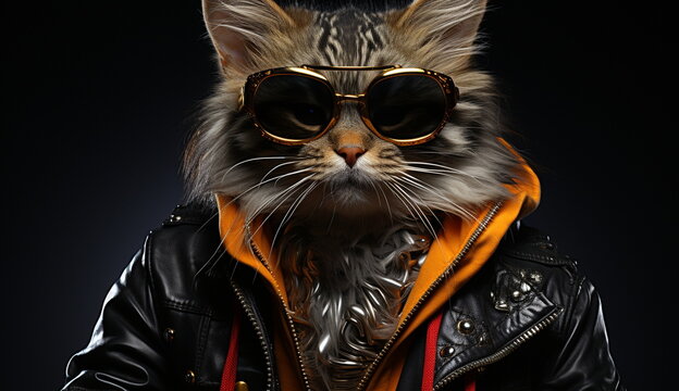 An effortlessly cool feline showcases its punk rock style, wearing a black jacket against a dark black backdrop. Based on Generative Ai.