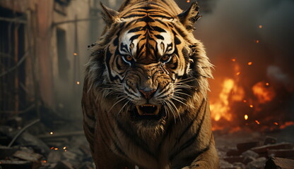 A striking artwork capturing the chaos as a raging tiger roams through a shattered urban landscape. Based on Generative Ai.
