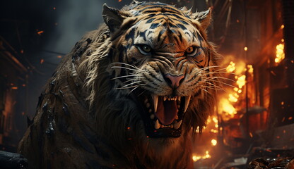 A striking artwork capturing the chaos as a raging tiger roams through a shattered urban landscape. Based on Generative Ai.