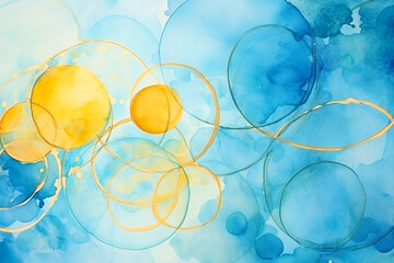 Abstract watercolor background with blue and yellow circles. Generative AI Image.