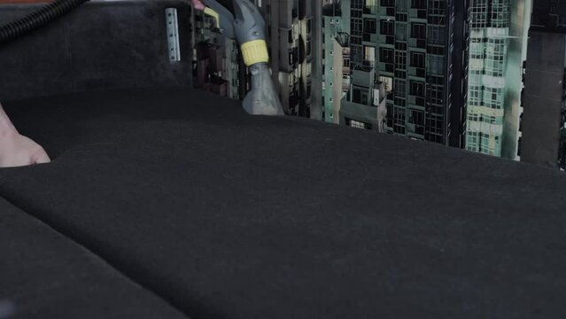 Home cleaning company for upholstered furniture. Removal of dirty stains and stains from furniture upholstery. Washing vacuum cleaner. Copy space for text