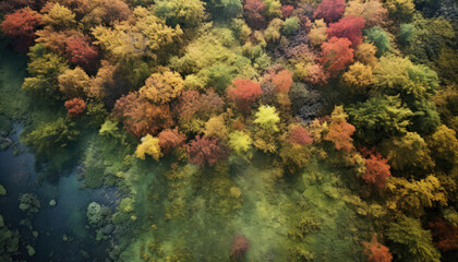 Aerial view to the autumn coloured forest.