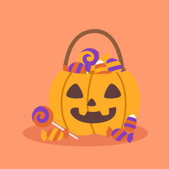 A full of sweet candy in a pumpkin bucket to celebrate Halloween celebrities' holiday greetings. Vector illustration cartoon.
