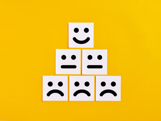 Increasing customer satisfaction. Business service excellence, improving client rating and customer experience. White note papers with happy, neutral and sad emoticon faces.