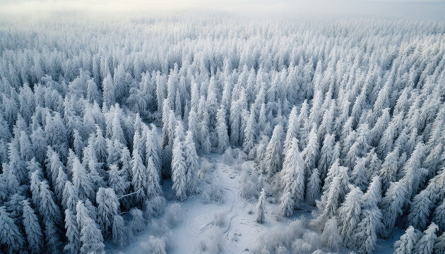 Aerial view to the winter snowy coloured forest.