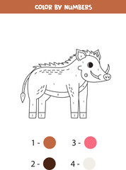 Coloring page with cute cartoon warthog. Color by numbers. Math game for kids.