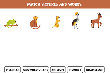 Match pictures and words. Logical puzzle for kids. African animals.