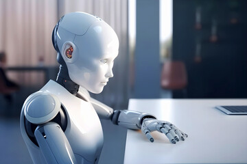 Female robot sits at table and talks to someone. Technology development. Concept of artificial intelligence for production process automation