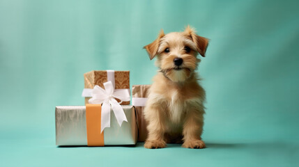 Dog holding gift on the pastel yellow background