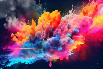 Explosion of vibrant clouds, bursting with an array of mesmerizing colors against a mysterious dark background. Ai generated