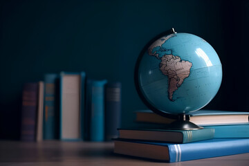 Globe on table with books. Education concept. Studying maps and using geographic tools. Innovative educational materials. Tourism and travel