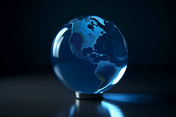 Transparent glass globe on stand on dark background. Education concept. Studying maps and using geographic tools. Innovative educational materials. Tourism and travel