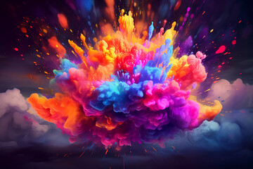 Obraz premium Explosion of vibrant clouds, bursting with an array of mesmerizing colors against a mysterious dark background. Ai generated