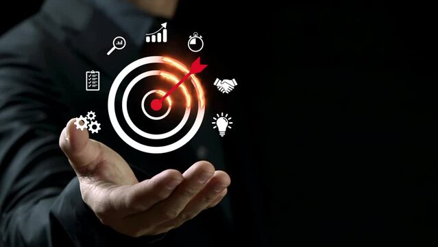 Businessman shows fire target icon. Finding or analyzing business goals achievement, strategy, action plan, purposefulness, planning development leadership and customer target group concept