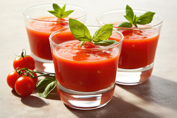 Gazpacho cold tomato soup in glass, food photography