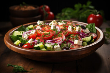 Greek salad on the wooden table