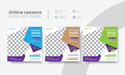 Effective online lessons social media post for commercial courses, or tutoring marketing. Customizable webinar lessons social web banner layout template. Vol - 10