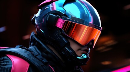 Fototapeta premium Close-up biker in the motorcycle helmet, visor reflecting neon light on dark background, cyberpunk concept.