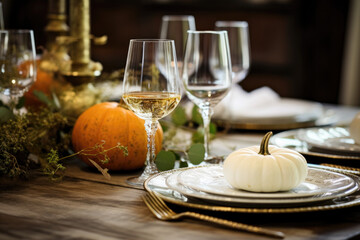 Place setting on a rustic farmhouse country table with mini white pumpkins, and crystal glasses for Thanksgiving Day