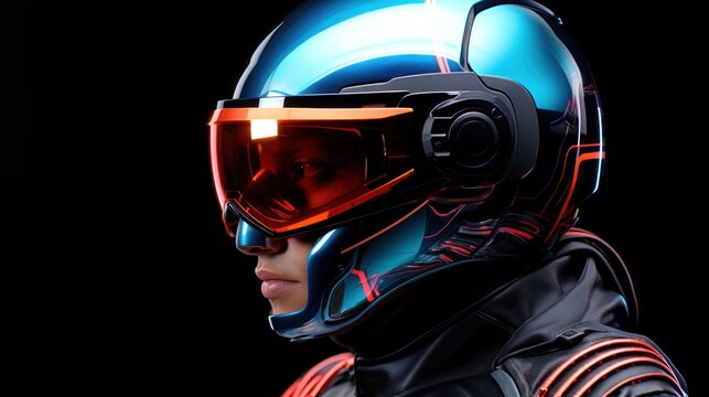 Close-up biker in the motorcycle helmet, visor reflecting neon light on dark background, cyberpunk concept.