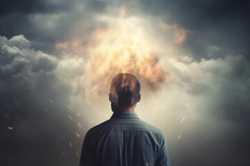 Concept of anxiety and depression, featuring a man with his head immersed in a turbulent cloud storm. Ai generated