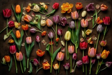 Tulips laid out on the table. Generative AI. - 621782415