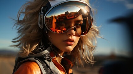 Cyberpunk woman wearing a motorcycle helmet with a mirrored visor, reflecting the amazing sunset.