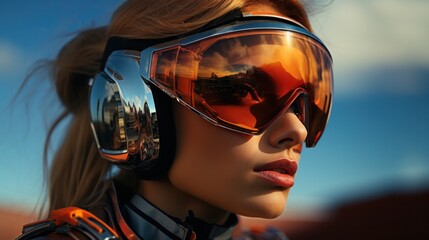 Cyberpunk woman wearing a motorcycle helmet with a mirrored visor, reflecting the amazing sunset.