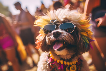 portrait of puppy wearing sunglasses at a music festival