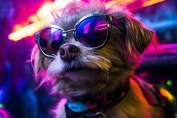portrait of puppy wearing sunglasses at a nightclub disco neon lights