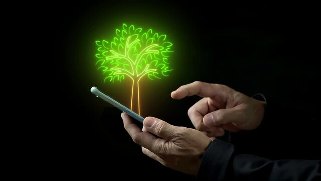 Businessman shows virtual tree icon glowing on smartphone. Net zero greenhouse gas emissions target. Climate neutral long term strategy. Ecological, renewable energy and save environment concept.