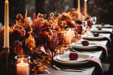 Fototapeta na wymiar Wedding reception table decorated with fall-themed centrepieces and candles 
