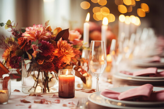 Wedding reception table decorated with fall-themed centrepieces and candles 