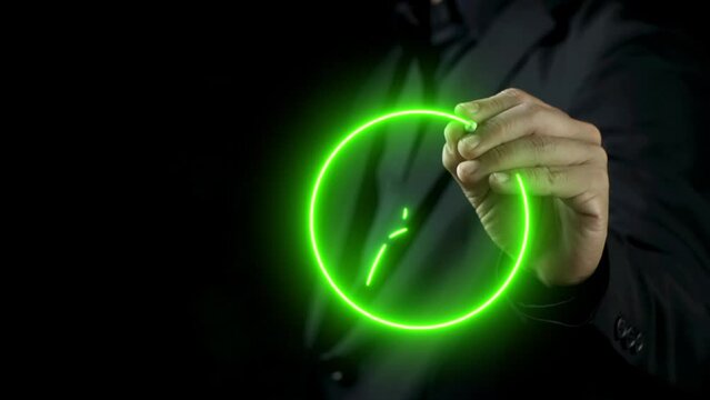 Businessman shows glowing virtual green leaf icon. Net zero greenhouse gas emissions target. Climate neutral long term strategy. Ecological, renewable energy and save environment concept.