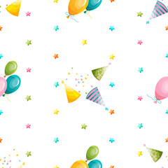 Birthday hat, confetti, stars seamless pattern. Background for holiday design.