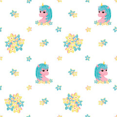 Unicorn and flowers. Seamless festive pattern for birthday