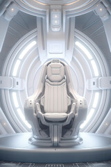 Decorated empty throne hall. A white throne on a spaceship.