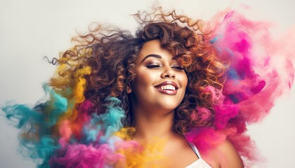 Happy black overweight woman smiling in a cloud of colorful smoke, color explosion, holi, body-positivity, self loving plus size, having fun, colors, LGBTQ+, party, peace, inclusive, beauty,