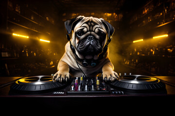 portrait of puppy dj in the club on the decks mixing