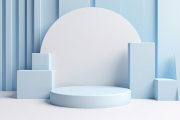 Minimal scene with podium and abstract background, blue color