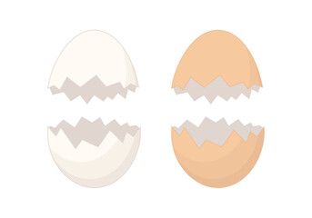 Cracked and broken white and brown eggshells. Vector and PNG illustration on transparent background.	