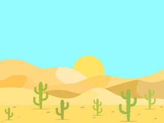 Obraz na płótnie Canvas Desert landscape with cacti in a minimalist style. Mexican desert with cacti. Western landscape with desert dunes and rolling hills. Design for posters, prints and banners. Vector illustration
