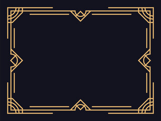 Art deco frame. Vintage linear border in gold color on a black background. Design a template for invitations, leaflets and greeting cards. The style of the 1920s - 1930s. Vector illustration - obrazy, fototapety, plakaty