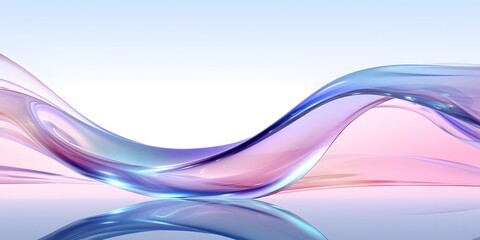 Glass ribbon on water. Holographic shape in motion. Iridescent gradient digital art for banner background, wallpaper. Transparent glossy design element flying in seascape, AI generative