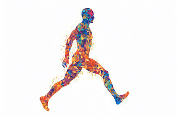 Silhouette of a running man crafted entirely from vibrant and colorful triangles, creating a dynamic prism effect against a clean white background. Ai generated