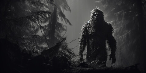 Black and white portrait of a Bigfoot wood ape in a North American forest at night. Sasquatch in the woods banner. Generative AI illustration