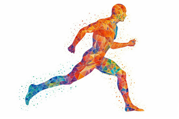 Fototapeta na wymiar Silhouette of a running man crafted entirely from vibrant and colorful triangles, creating a dynamic prism effect against a clean white background. Ai generated