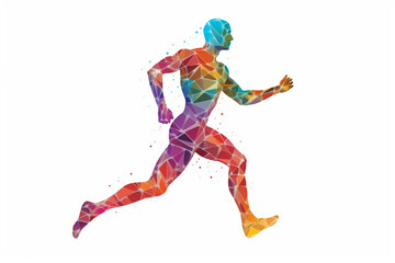 Obraz na płótnie Canvas Silhouette of a running man crafted entirely from vibrant and colorful triangles, creating a dynamic prism effect against a clean white background. Ai generated