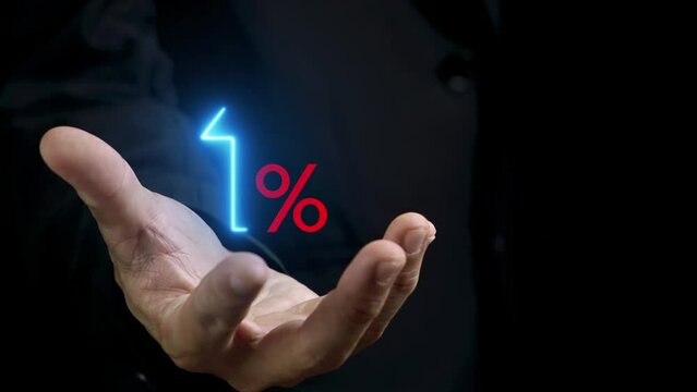 Human hand with Increasing percentage icon. Profit high growth arrow and percent icon, profit increase arrow up symbol, stocks, financial, ranking, mortgage rates, Interest rate and dividend concept.